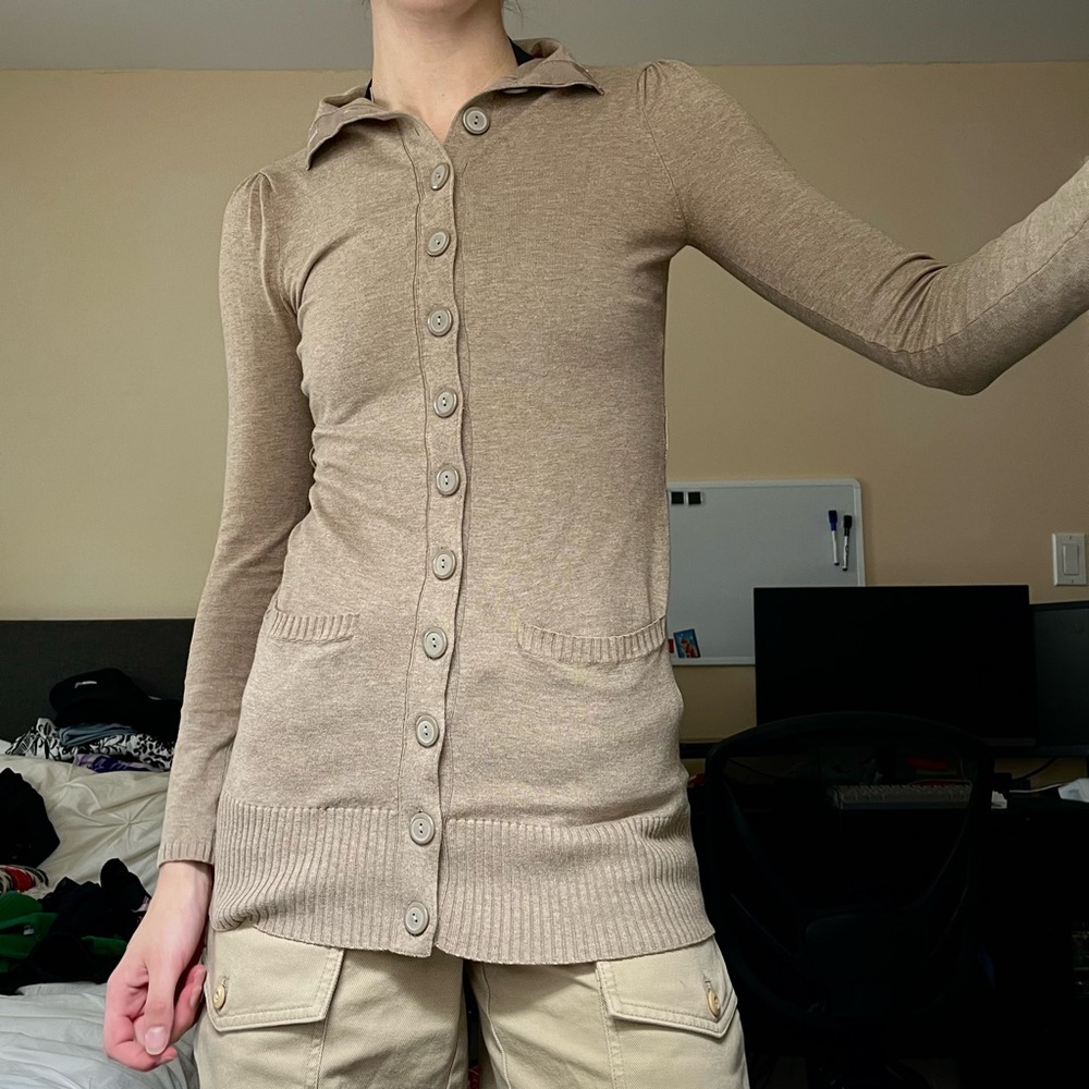Guess Beige Fitted Long Knit Cardigan